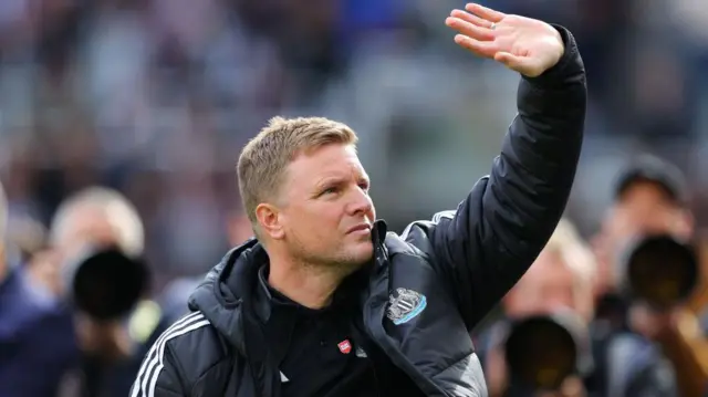 Eddie Howe waves to crowd following Newcastle United's 1-1 draw with Manchester City