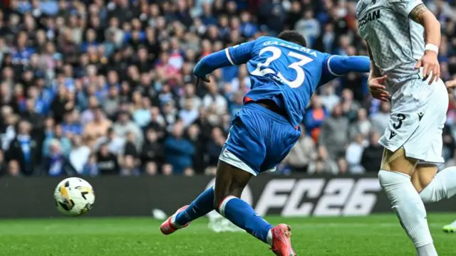 Djeidi Gassama scores the first of his two goals in Rangers' 3-0 first-leg win against Viktoria Plzen
