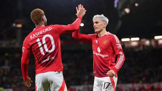 Marcus Rashord and Alejandro Garnacho celebrate a goal for Manchester United