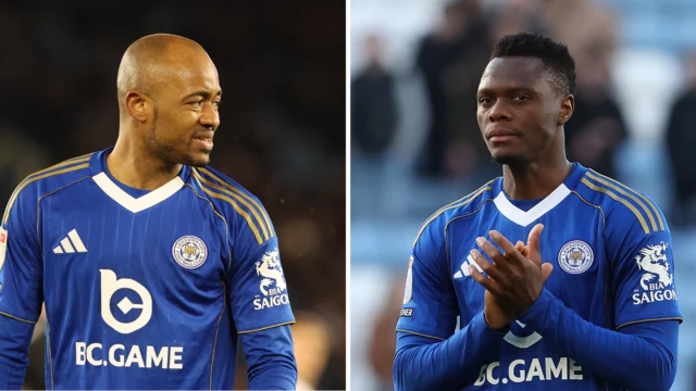 Side-by-side close-ups of Jordan Ayew and Patson Daka both wearing a blue Leicester home kit