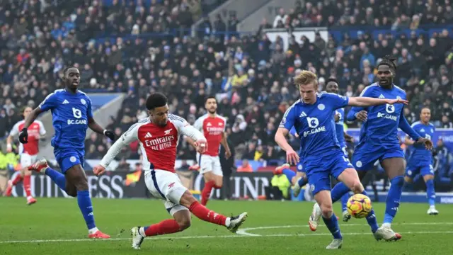 Ethan Nwaneri shoots for goal against Leicester City