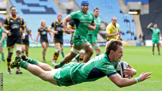 Connacht's Kieran Marmion scores a try during his side's game with Wasps