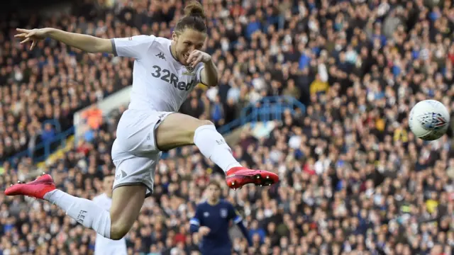 Luke Ayling scoring against Huddersfield Town in  March 2020