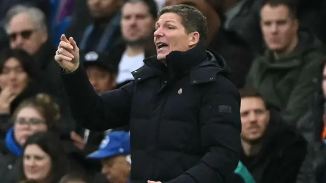 Oliver Glasner issues instructions to his players during Crystal Palace's Premier League game against Brighton at the Amex Stadium.