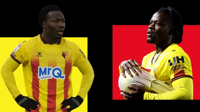Split image of Watford's Nestory Irankunda (left) with hands on hips and Kwadwo Baah (right) holding a ball