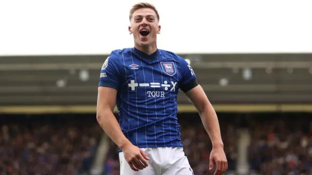 Liam Delap of Ipswich Town celebrates scoring his team's first goal during the Premier League match between Ipswich Town FC and Aston Villa FC at Portman Road