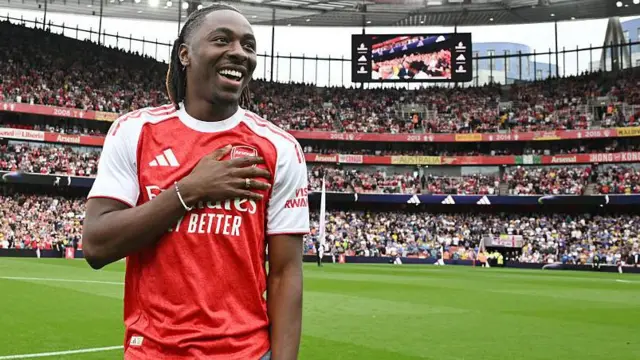 Eberechi Eze is presented to the fans prior to the Premier League match between Arsenal and Leeds