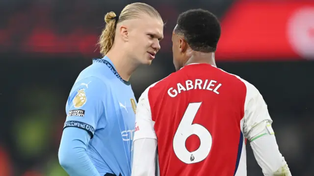 Erling Haaland and Gabriel in a confrontation during Manchester City's draw against Arsenal