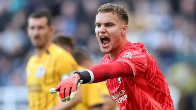 Bart Verbruggen shouts and points instructions to his teammates at St James' Park