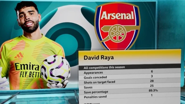 A graphic showing David Raya's stats for Arsenal in all competitions this season.
Appearances- 6
Goals conceded- 3
Shots on target faced- 28
Saves- 25
Save percentage- 89.3%
Penalties saved- 1