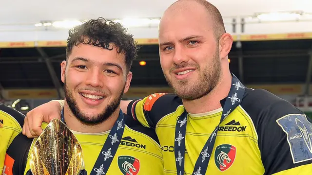 Genge and McCaffrey celebrate Leicester's Anglo-Welsh Cup final win over Exeter in March 2017
