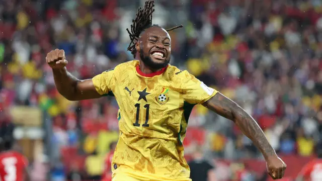 Antoine Semenyo of Ghana celebrates the team's first goal scored by Caleb Yirenkyi (not pictured) during the FIFA World Cup 2026 Group L match between Ghana and Panama at Toronto Stadium 