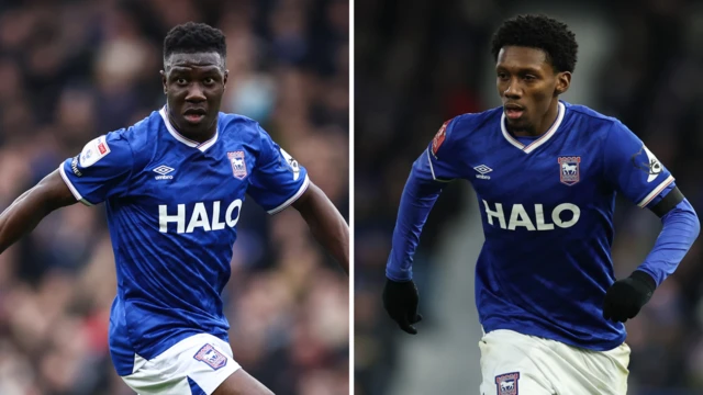 Side-by-side images of Azor Matusiwa and Jaden Philogene playing for Ipswich Town in their blue home kit