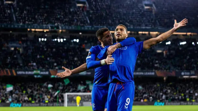 Rangers' Cyriel Dessers celebrates with James Tavernier