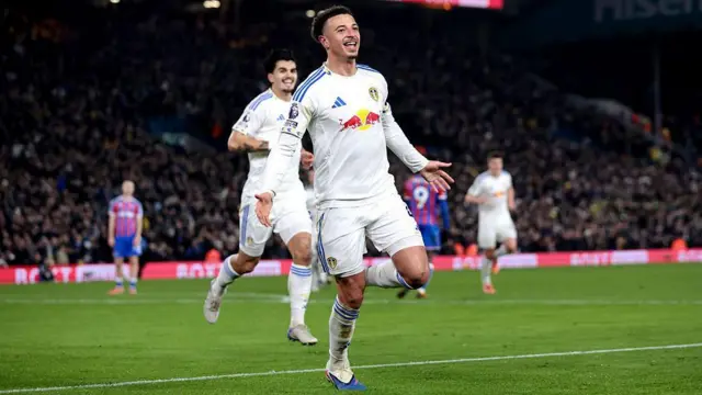 Ethan Ampadu of Leeds United celebrates scoring.