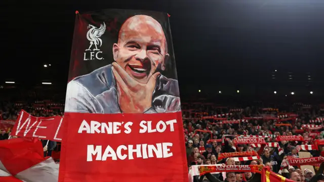 Arne Slot banner at Anfield