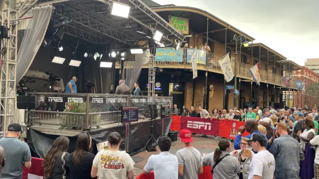 ESPN TV stage on an intersection in New Orleans before Super Bowl 59