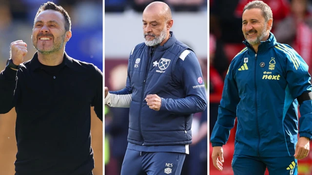 Roberto De Zerbi, Nuno Espirito Santo and Vitor Pereira look on - collated image