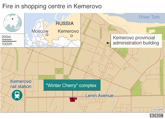 Map shows the cities of Moscow and Kemerovo in Russia