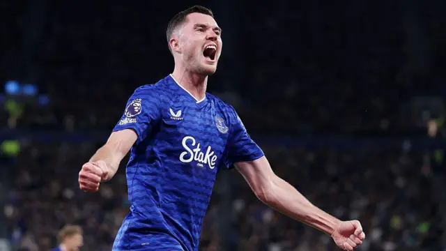 Michael Keane of Everton celebrates scoring his team's first goal during a Premier League match between Everton and West Ham