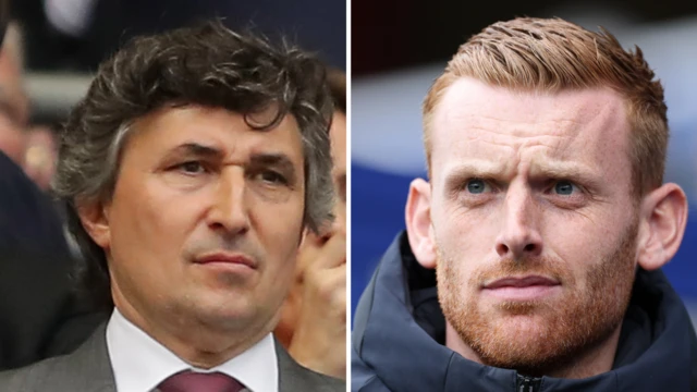 Gino Pozzo, left, wearing a grey suit jacket, white shirt and maroon tie. Ed Still, right, wearing a black jacket while straight-faced during a game as Watford head coach.