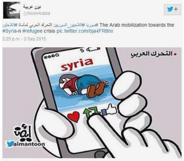 A cartoon showing someone retweeting the image of Aylan Kurdi's body