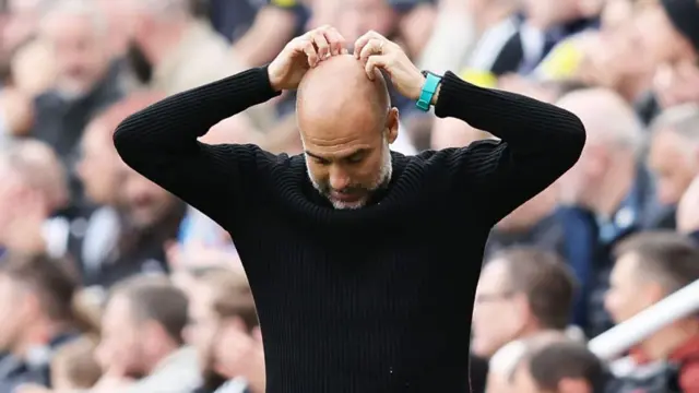 Pep Guardiola, Manager of Manchester City, reacts during the Premier League match between Newcastle United FC and Manchester City