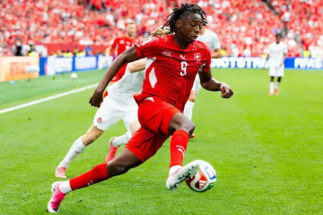 Johan Manzambi in action for Switzerland against Canada at the 2026 World Cup