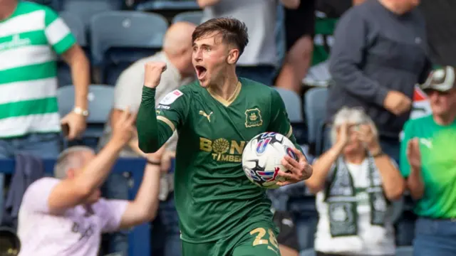 Luke Cundle celebrates after scoring for Plymouth Argyle