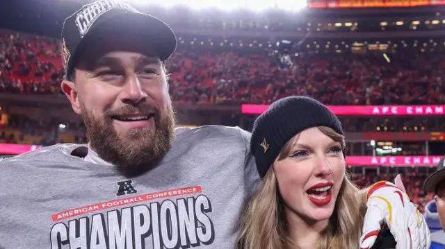 Travis Kelce with Taylor Swift after the Kansas City Chiefs win the AFC Conference Championship in 2025