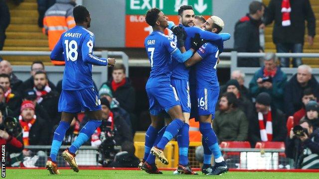 Jamie Vardy celebrates scoring for Leicester against Liverpool