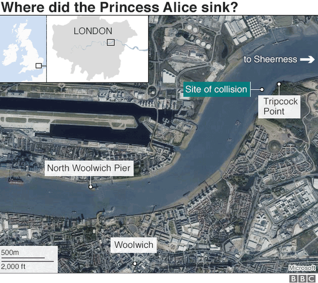 Diagram of where the Princess Alice sank