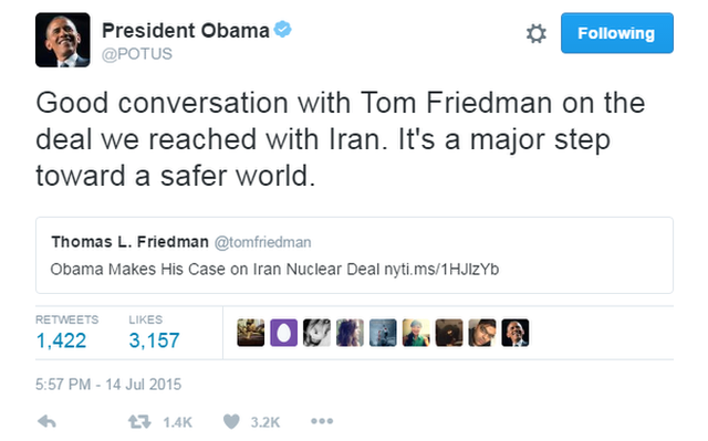 President Obama tweet saying "Good conversation with Tom Friedman on the deal we reached with Iran. It's a major step toward a safer world."