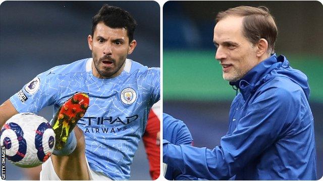 Manchester City's Sergio Aguero (left) and Chelsea boss Thomas Tuchel
