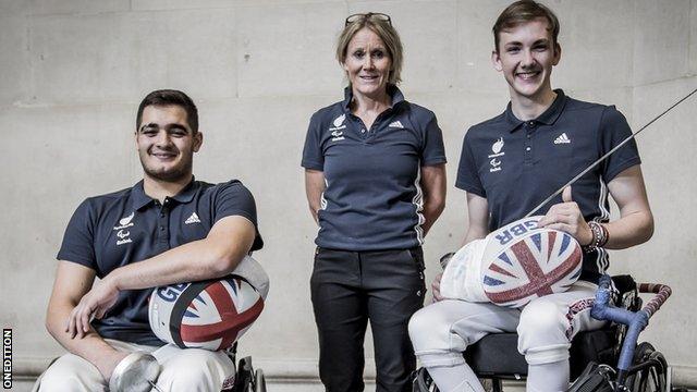 Dimitri Coutya (left) and Piers Gilliver (right) with ParalympicsGB Chef de Mission Penny Briscoe (centre)