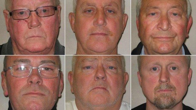 The men sentenced were (top row, left to right) John "Kenny" Collins, Daniel Jones, Terry Perkins and (bottom row, left to right) Carl Wood, William Lincoln and Hugh Doyle