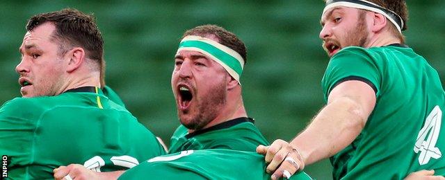 Rob Herring celebrates winning a scrum penalty for Ireland in the Six Nations win against England