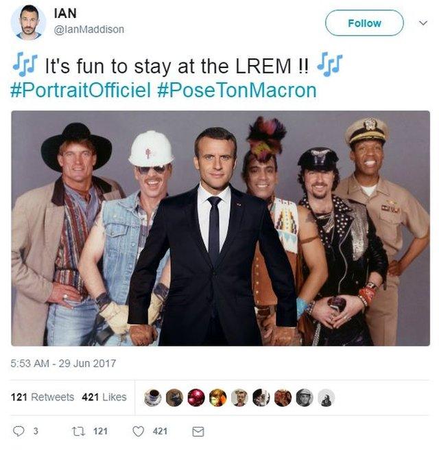 "It's fun to stay at the LREM", observed tweeter Ian Maddison, photoshopping Mr Macron among the Village People