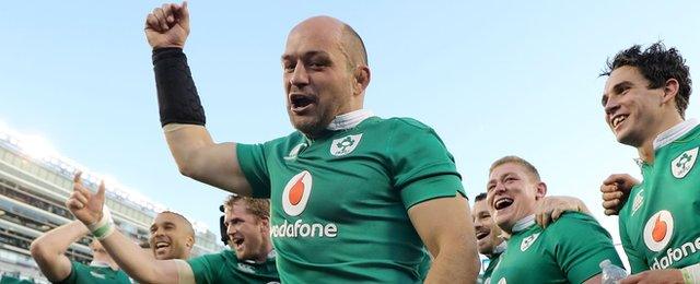 Ireland captain Rory Best leads the celebrations at Soldier Field after the historic 40-29 win over New Zealand