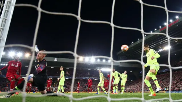 Divock Origi scoring Liverpool's fourth goal against Barcelona in 2019