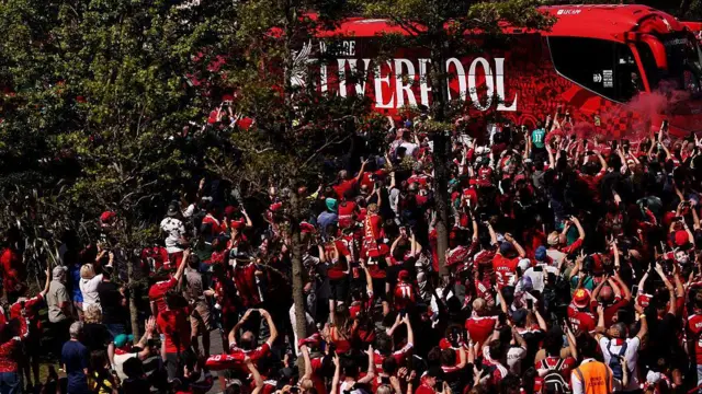 General view outside the stadium as the Liverpool bus arrives