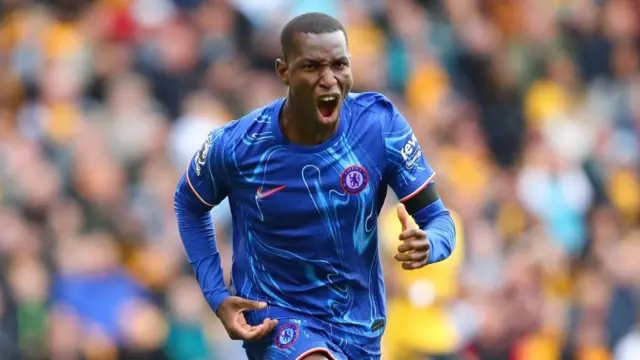 Nicolas Jackson celebrates scoring versus Wolverhampton Wanderers