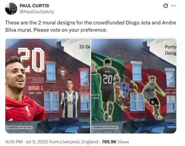 A tweet showing two mural designs honouring Diogo Jota and Andre Silva