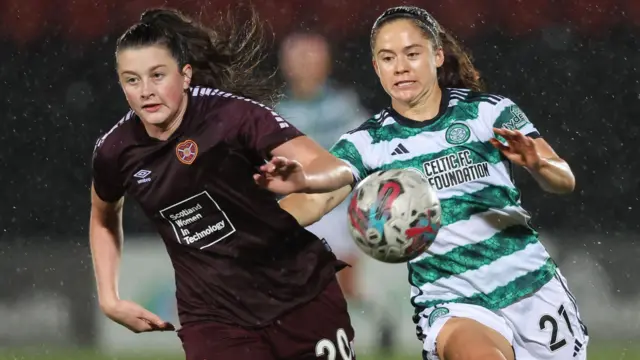 Celtic's Kit Loferski and Hearts' Carly Girasoli during a Scotttish Power Women's Premier League match between Celtic and Heart of Midlothian at Excelsior Stadium