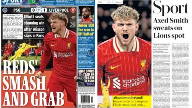 The Express headline reads 'Reds' smash and grab'. The Telegraph says 'Alisson wonderland'. Both have images of Harvey Elliott.