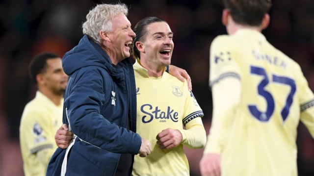 Jack Grealish celebrates with Everton manager David Moyes after the Toffees beat Bournemouth in the Premier League
