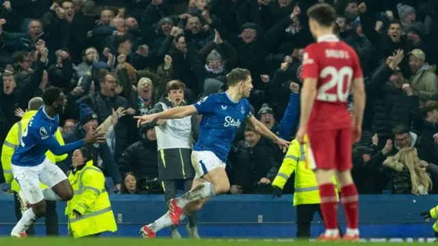 James Tarkowski celebrates scoring for Everton against Liverpool at Goodison Park in February