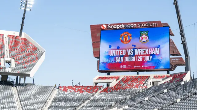 Large screen at San Diego's Snapdragon Stadium with details of Manchester Uinted vs Wrexham