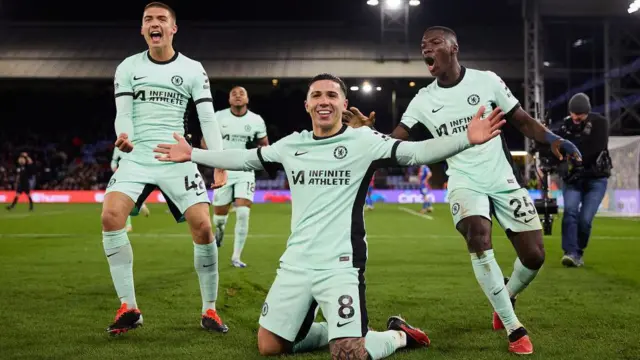 Chelsea players celebrate Enzo Fernandez's goal in Chelsea's 3-1 win at Crystal Palace in February 2023.