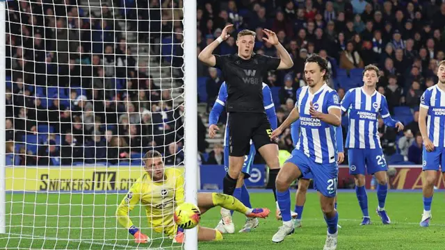 Dan Ballard reacts to a missed opportunity against Brighton